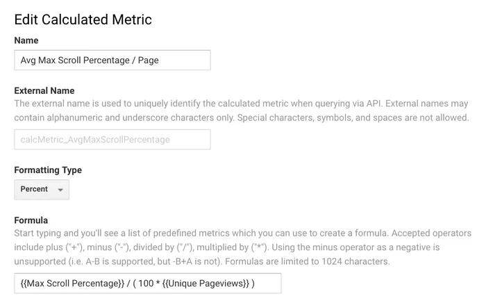 The Avg. Max Scroll Percentage / Page calculated metric definition