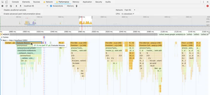 A performance trace of my site's JavaScript showing many short tasks