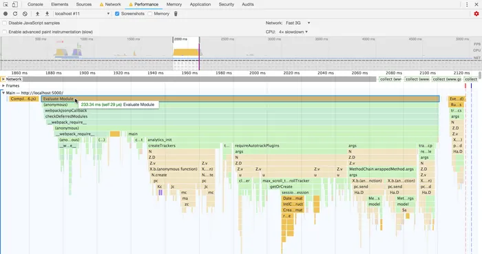 A performance trace of my site's JavaScript while loading (with network/CPU throttling enabled)